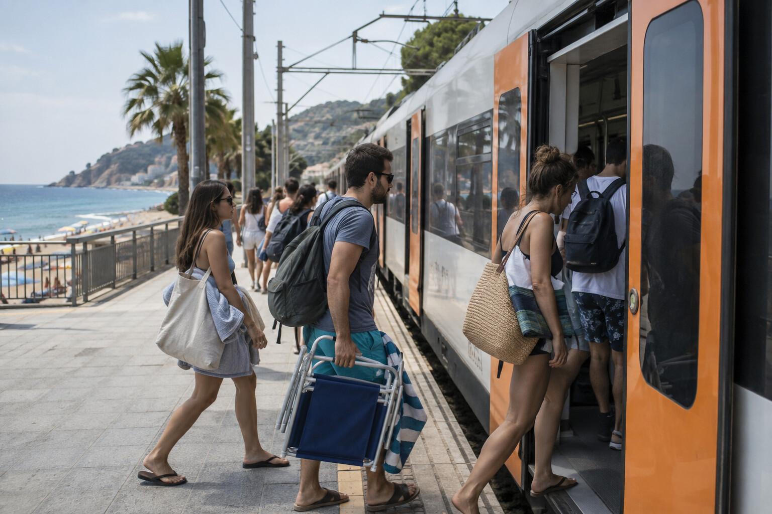 Beach travelers boarding a regional train south of Barcelona