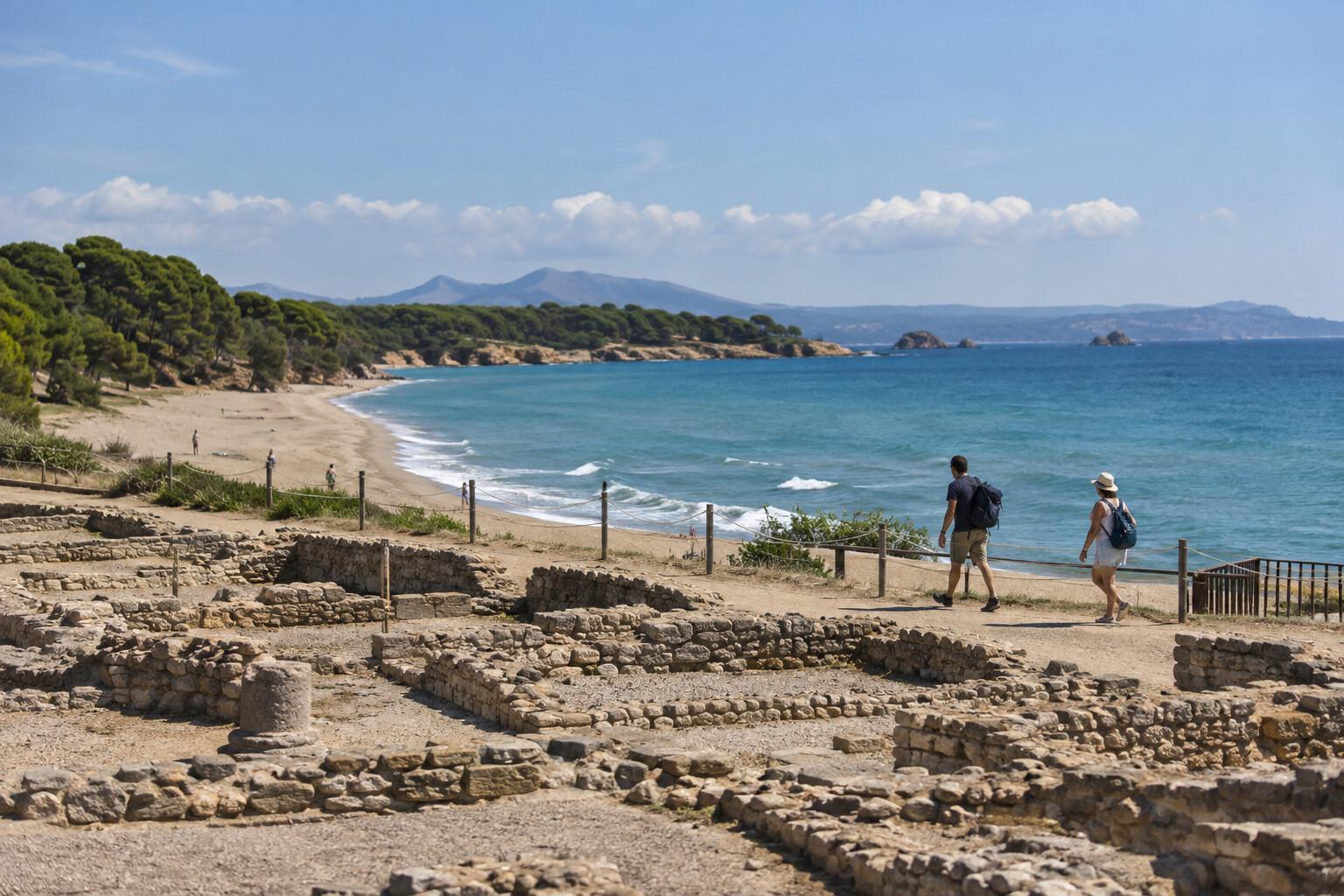 Walkers passing the beach beside the Empúries archaeological site