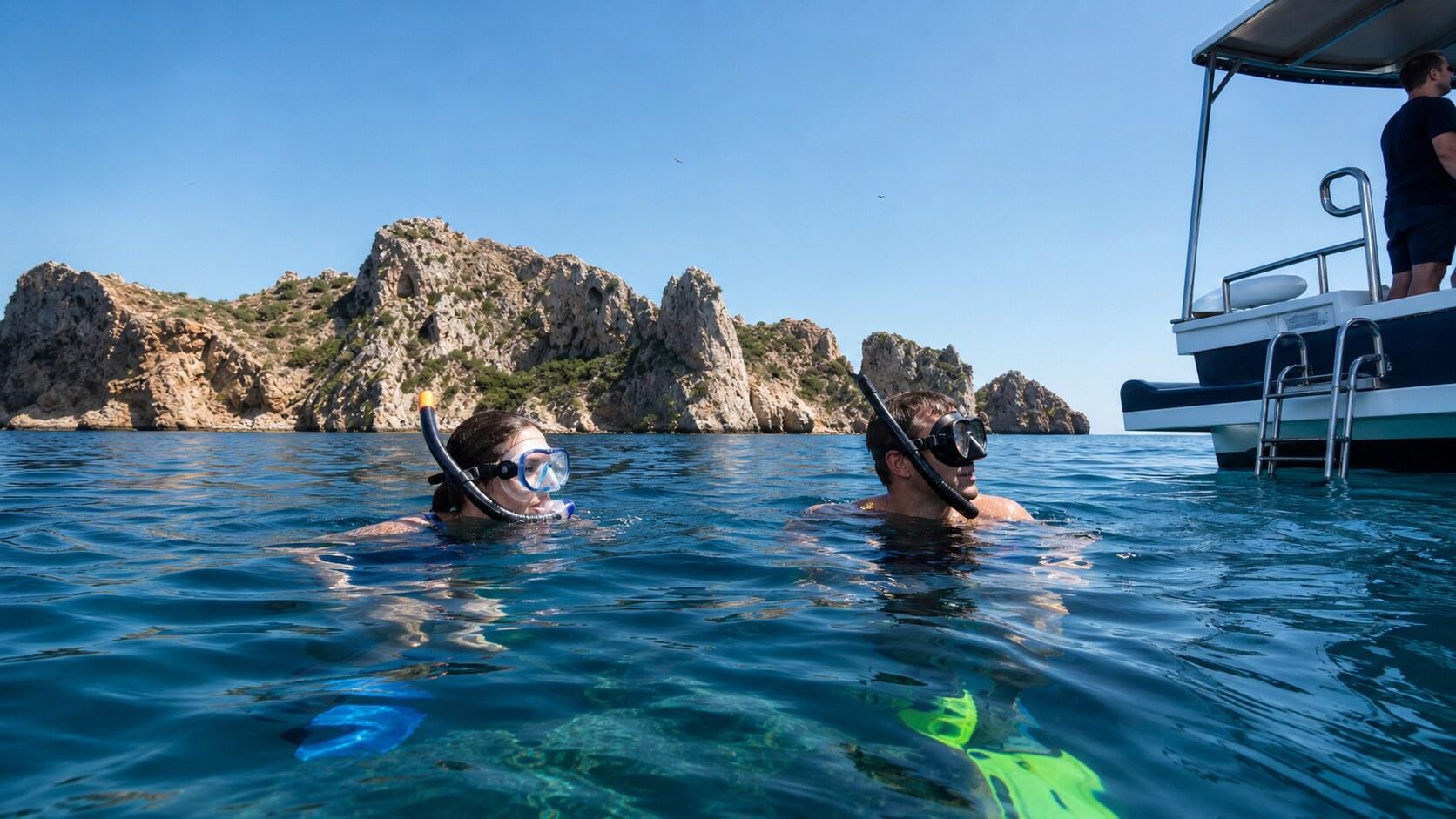 Snorkelers beside a boat at the Medes Islands