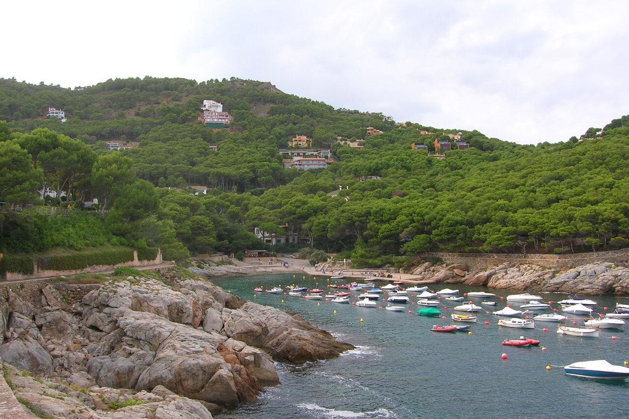Small rocky Aiguafreda cove with moored boats and pine-covered slopes